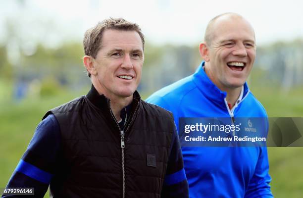 McCoy, former horse-racing jockey, and Mike Tindall, former England rugby player, in action during the Pro Am event prior to the start of GolfSixes...