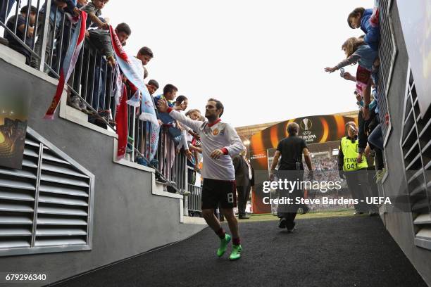 Juan Mata of Manchester United shakes hands with supporters prior to the UEFA Europa League, semi final first leg match, between Celta Vigo and...