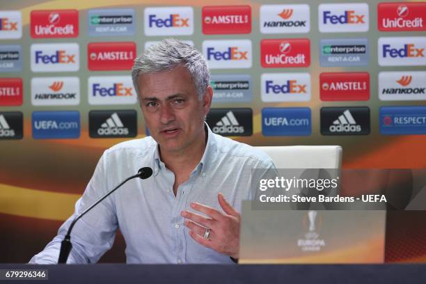 The Manchester United manager Jos Mourinho talks to the media during a press conference after the UEFA Europa League, semi final first leg match,...