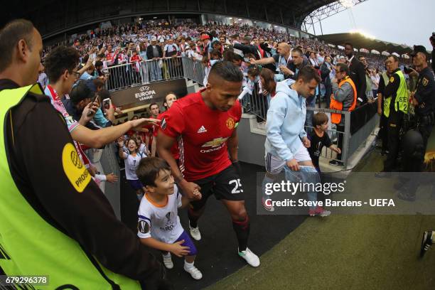 Antonio Valencia of Manchester United leads his team out prior to the UEFA Europa League, semi final first leg match, between Celta Vigo and...