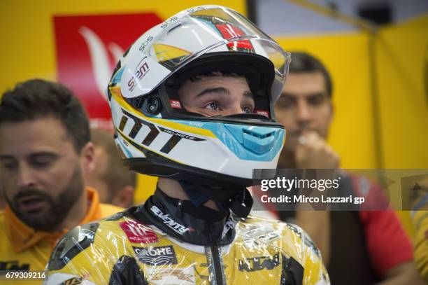 Juanfran Guevara of Spain and RBA BOE Racing Team looks on in box during the MotoGp of Spain - Free Practice at Circuito de Jerez on May 5, 2017 in...