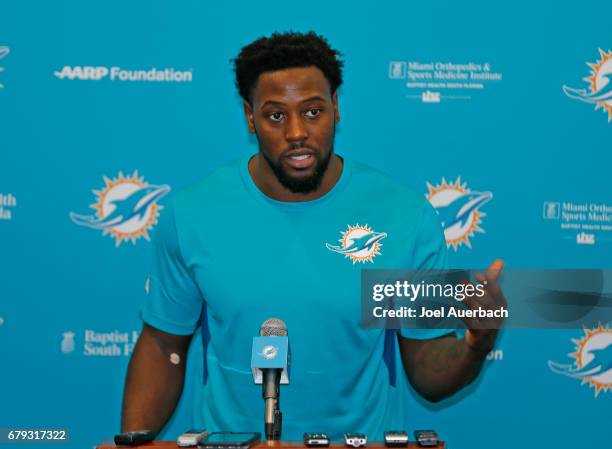 Charles Harris of the Miami Dolphins is introduced to the media during the rookie minicamp on May 5, 2017 at the Miami Dolphins training facility in...