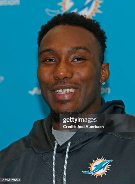 Cordrea Tankersley of the Miami Dolphins talks to the media during the rookie minicamp on May 5, 2017 at the Miami Dolphins training facility in...
