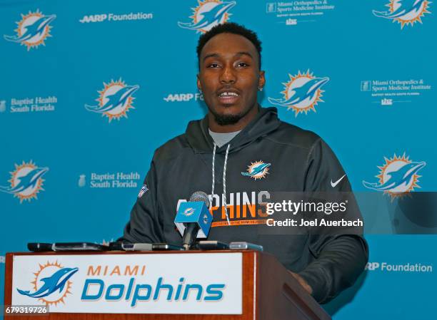 Cordrea Tankersley of the Miami Dolphins talks to the media during the rookie minicamp on May 5, 2017 at the Miami Dolphins training facility in...