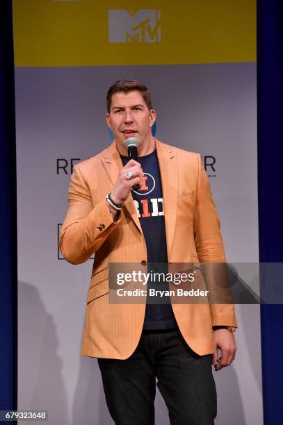 Football player David Diehl speaks onstage during MTV's 2017 College Signing Day With Michelle Obama at The Public Theater on May 5, 2017 in New York...