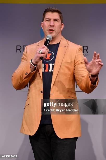 Football player David Diehl speaks onstage during MTV's 2017 College Signing Day With Michelle Obama at The Public Theater on May 5, 2017 in New York...