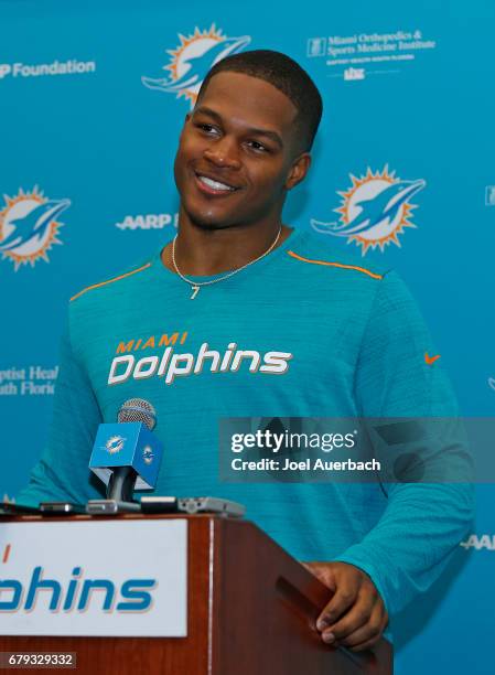 Raekwon McMillan of the Miami Dolphins talks to the media during the rookie minicamp on May 5, 2017 at the Miami Dolphins training facility in Davie,...