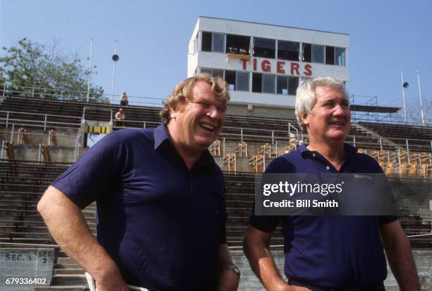 Portrait of CBS Sports announcers John Madden and Pat Summerall during Wittenberg University team practice at Wittenberg Stadium. Springfield, OH...