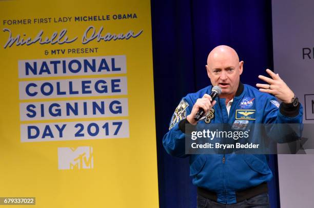 Astronaut Mark Kelly speaks onstage during MTV's 2017 College Signing Day With Michelle Obama at The Public Theater on May 5, 2017 in New York City.