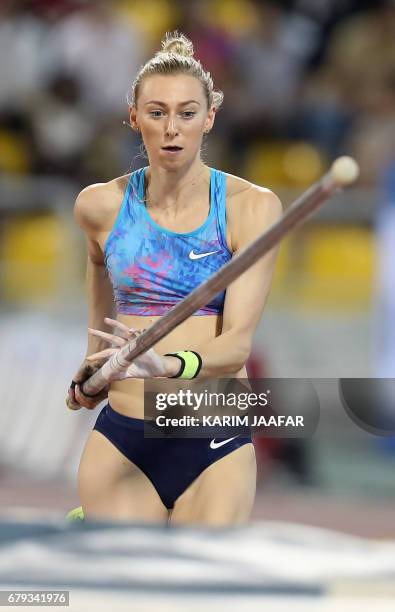 Germany's Lisa Ryzih competes in the women's pole vault during the Diamond League athletics competition at the Suhaim bin Hamad Stadium in Doha, on...