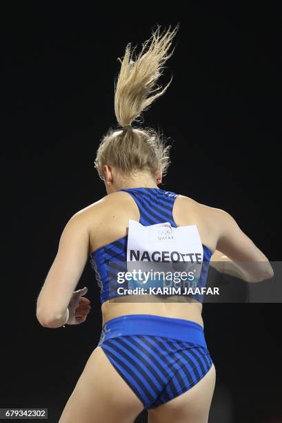 Katie Nageotte competes in the women's pole vault during the Diamond League athletics competition at the Suhaim bin Hamad Stadium in Doha, on May 5,...