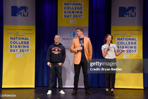 Andy Cohen, David Diehl, and Christy Turlington speak onstage during MTV's 2017 College Signing Day With Michelle Obama at The Public Theater on May...