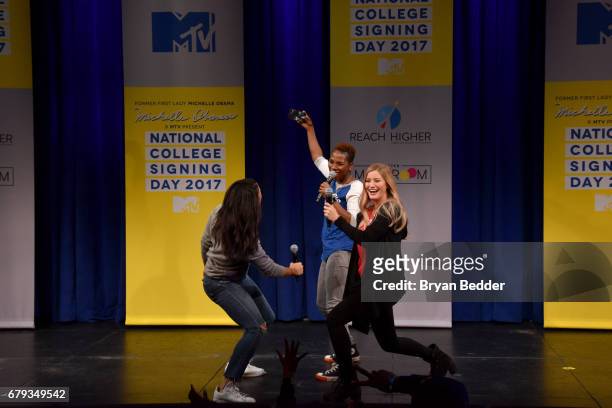 Hannah Bronfman, Luvvie Ajayi and iJustine attend the MTV's 2017 College Signing Day With Michelle Obama at The Public Theater on May 5, 2017 in New...