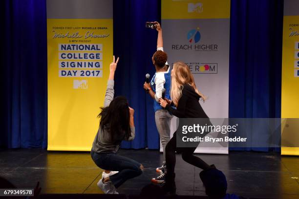 Hannah Bronfman, Luvvie Ajayi and iJustine attend the MTV's 2017 College Signing Day With Michelle Obama at The Public Theater on May 5, 2017 in New...