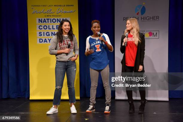 Hannah Bronfman, Luvvie Ajayi and iJustine attend the MTV's 2017 College Signing Day With Michelle Obama at The Public Theater on May 5, 2017 in New...