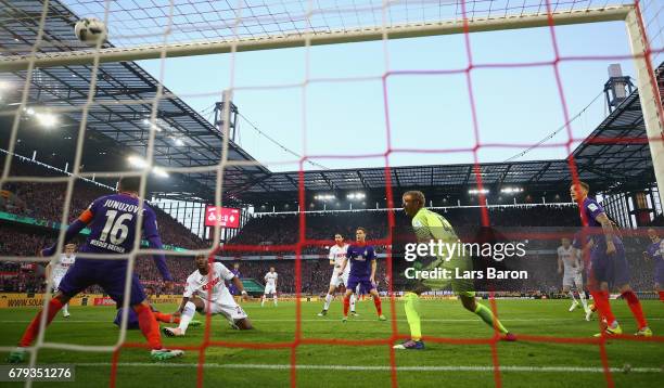 Anthony Modeste of Koeln scores the first goal during the Bundesliga match between 1. FC Koeln and Werder Bremen at RheinEnergieStadion on May 5,...