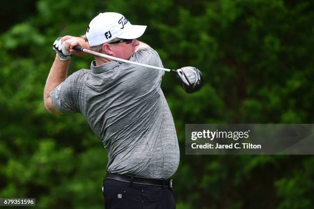 Brad Fritsch of Canada plays his shot from the 11th tee during round two of the Wells Fargo Championship at Eagle Point Golf Club on May 5, 2017 in...