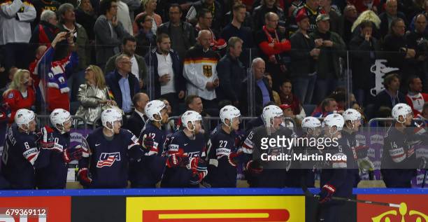 Connor Murphy of USA celebrates scoring the equilizing goal with teamates during the 2017 IIHF Ice Hockey World Championship game between USA and...