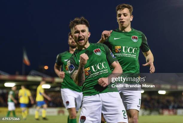 Cork , Ireland - 5 May 2017; Sean Maguire, centre, of Cork City celebrates with team-mate Connor Ellis after scoring their side's fifth goal from a...