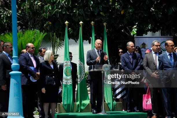 Arab League Secretary-General, Ahmed Aboul Gheit, speaks during an event held in solidarity with hundreds of hunger-striking Palestinian prisoners...