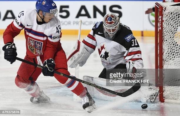 Czech Republic's defender Radim Simek challenges Canada's goalkeeper Calvi Pickard during the IIHF Men's World Championship group B ice hockey match...