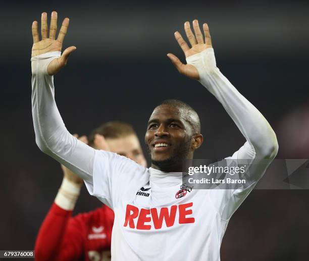 Anthony Modeste of Koeln celebrates after the Bundesliga match between 1. FC Koeln and Werder Bremen at RheinEnergieStadion on May 5, 2017 in...