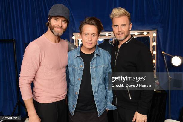 Howard Donald, Mark Owen and Gary Barlow of Take That at the opening night of Wonderland Live 2017 at Genting Arena on May 5, 2017 in Birmingham,...