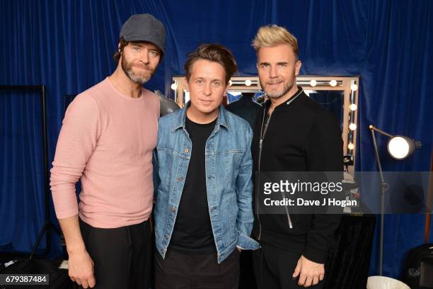 Howard Donald, Mark Owen and Gary Barlow of Take That at the opening night of Wonderland Live 2017 at Genting Arena on May 5, 2017 in Birmingham,...