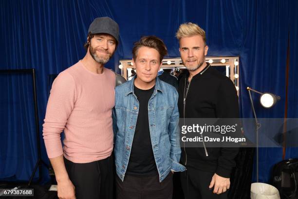 Howard Donald, Mark Owen and Gary Barlow of Take That at the opening night of Wonderland Live 2017 at Genting Arena on May 5, 2017 in Birmingham,...