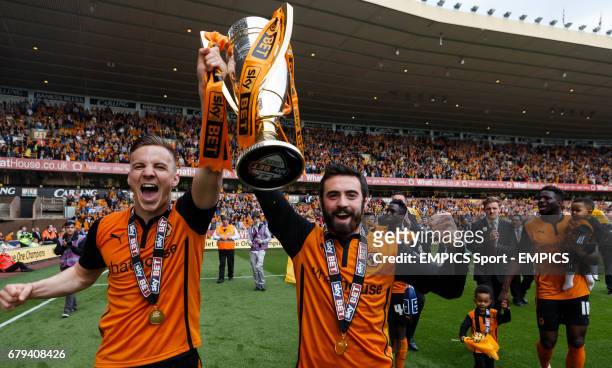 Wolverhampton Wanderer's Lee Evans, and Jack Price, celebrate with the trophy