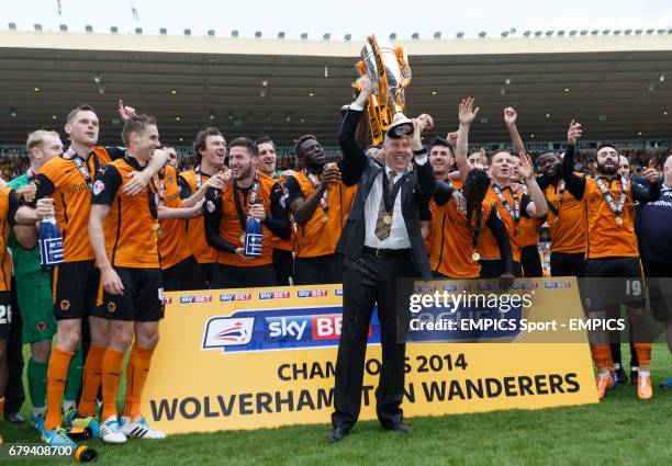 Wolverhampton Wanderer's manager Kenny Jackett celebrates with the tropy