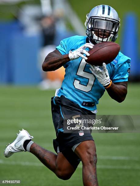 Carolina Panthers rookie wide receiver Marvin Bracy makes a catch during the second session of the team's rookie minicamp in Charlotte, N.C., on...