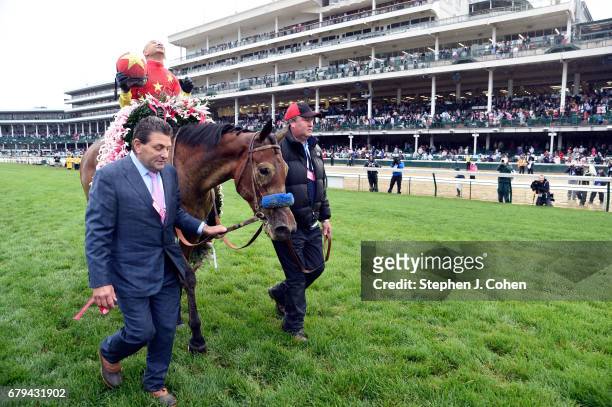 Jockey Mike Smith rides Abel Tasman to win the 143rd running of The Kentucky Oaks at Churchill Downs on May 5, 2017 in Louisville, Kentucky.