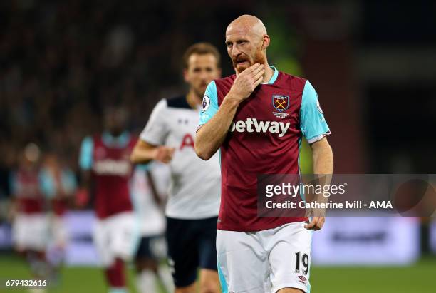James Collins of West Ham strokes his beard during the Premier League match between West Ham United and Tottenham Hotspur at London Stadium on May 5,...