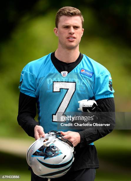 Carolina Panthers rookie kicker Harrison Butker walks to the second session of the team's rookie minicamp in Charlotte, N.C., on Friday, May 5, 2017.