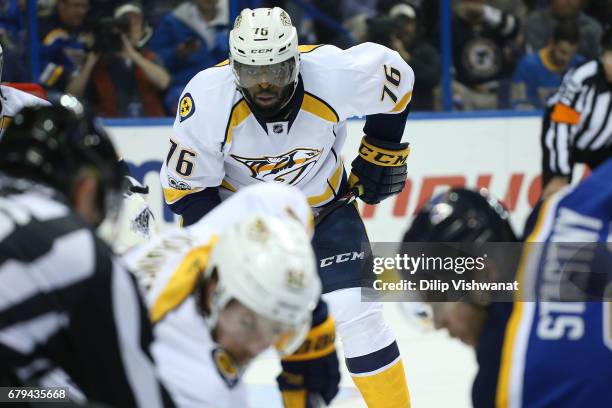 Subban of the Nashville Predators lines up for a face-off against the St. Louis Blues in Game Five of the Western Conference Second Round during the...