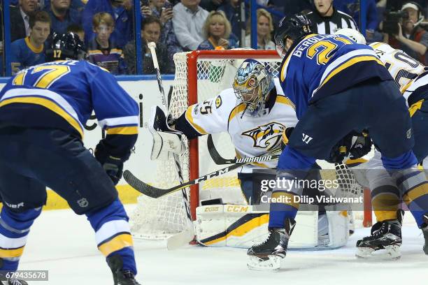 Pekka Rinne of the Nashville Predators makes a save against the St. Louis Blues in Game Five of the Western Conference Second Round during the 2017...