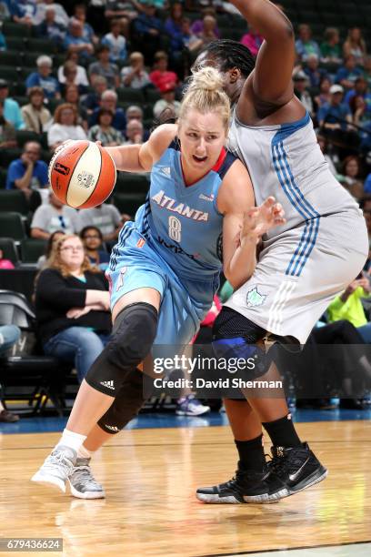 Rachel Jarry of the Atlanta Dream drives to the basket during the game against the Minnesota Lynx during the preseason WNBA game on May 5, 2017 at...