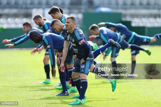 James Troisi of the Victory stretches during a Melbourne Victory A-League training session at WIN Jubilee Stadium on May 6, 2017 in Sydney, Australia.