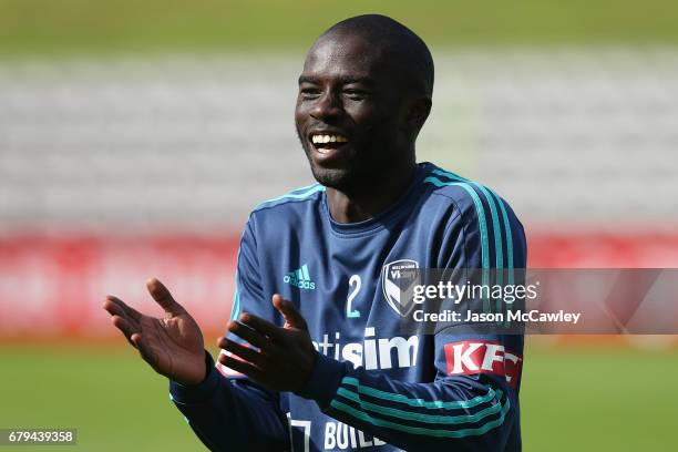 Jason Geria of the Victory reacts during a Melbourne Victory A-League training session at WIN Jubilee Stadium on May 6, 2017 in Sydney, Australia.