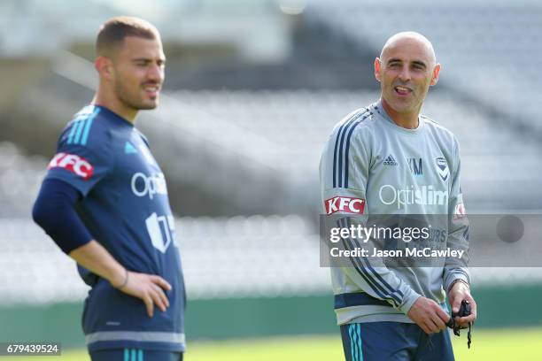 Kevin Muscat head coach of the Victory looks on during a Melbourne Victory A-League training session at WIN Jubilee Stadium on May 6, 2017 in Sydney,...