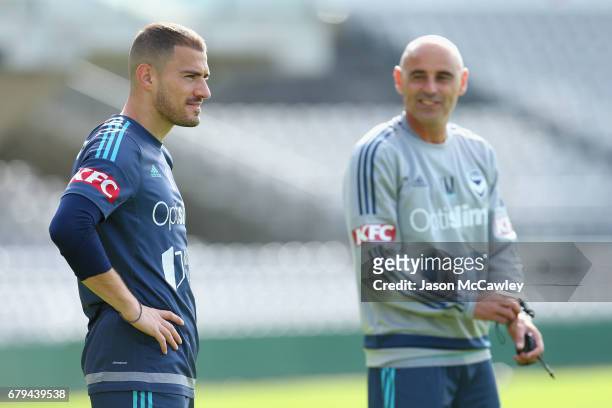 James Troisi of the Victory looks on during a Melbourne Victory A-League training session at WIN Jubilee Stadium on May 6, 2017 in Sydney, Australia.