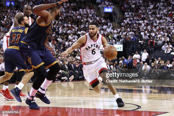 Cory Joseph of the Toronto Raptors handles the ball against the Cleveland Cavaliers during Game Three of the Eastern Conference Semifinals of the...