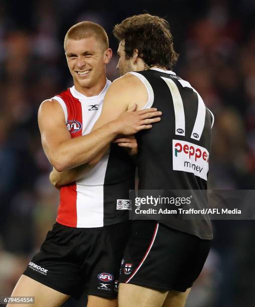 Sebastian Ross of the Saints celebrates on the final siren with Dylan Roberton of the Saints during the 2017 AFL round 07 match between the St Kilda...