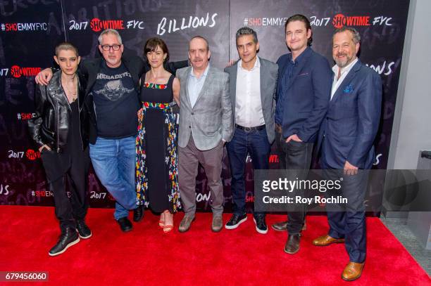 Asia Kate Dillon, Brian Koppelman, Maggie Siff, Paul Giamatti, David Levien, Toby Leonard Moore and David Costabile attend Showtime's "Billions" For...