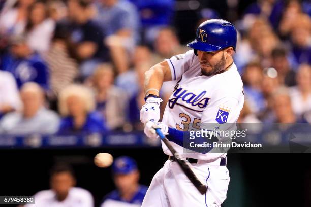 Eric Hosmer of the Kansas City Royals hits a two run home run against the Cleveland Indians during the fifth inning at Kauffman Stadium on May 5,...