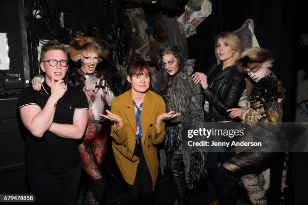 Tyler Oakley, Christine Cornish Smith, Mamrie Hart, Mamie Parris, Grace Helbig and Jakob Karr backstage at "Cats" on Broadway at the Neil Simon...