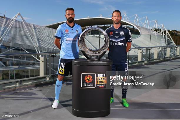 Alex Brosque captain of Sydney and Carl Valeri captain of the Victory pose for the media during an A-League Grand Final media opportunity at Sydney...