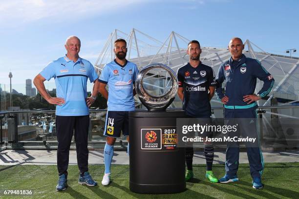 Graham Arnold head coach of Sydney, Alex Brosque captain of Sydney, Carl Valeri captain of the Victory and Kevin Muscat head coach of the Victory...