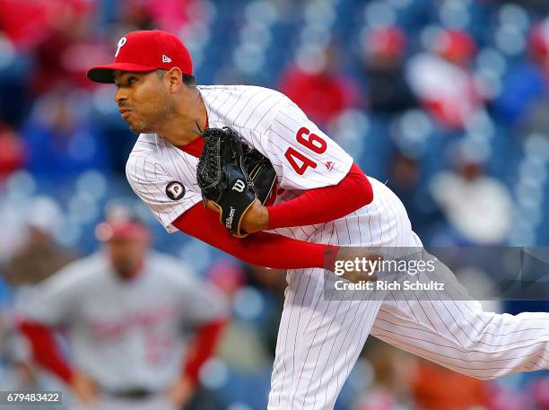 Jeanmar Gomez of the Philadelphia Phillies in action against the Washington Nationals in a game at Citizens Bank Park on April 7, 2017 in...